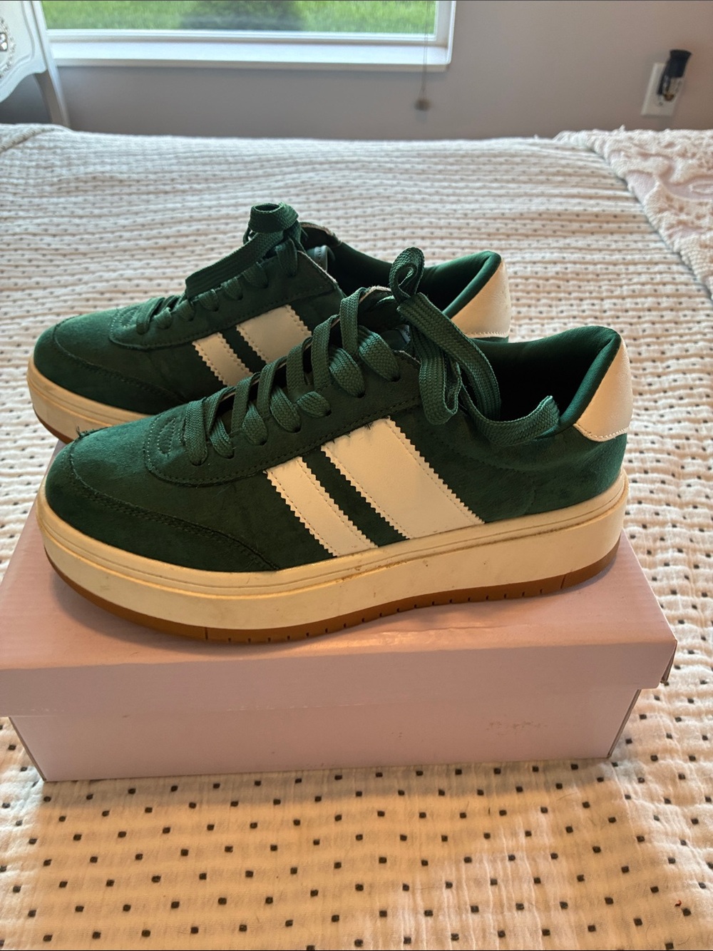 Green Suede Platform Sneakers with White Stripes -women’s